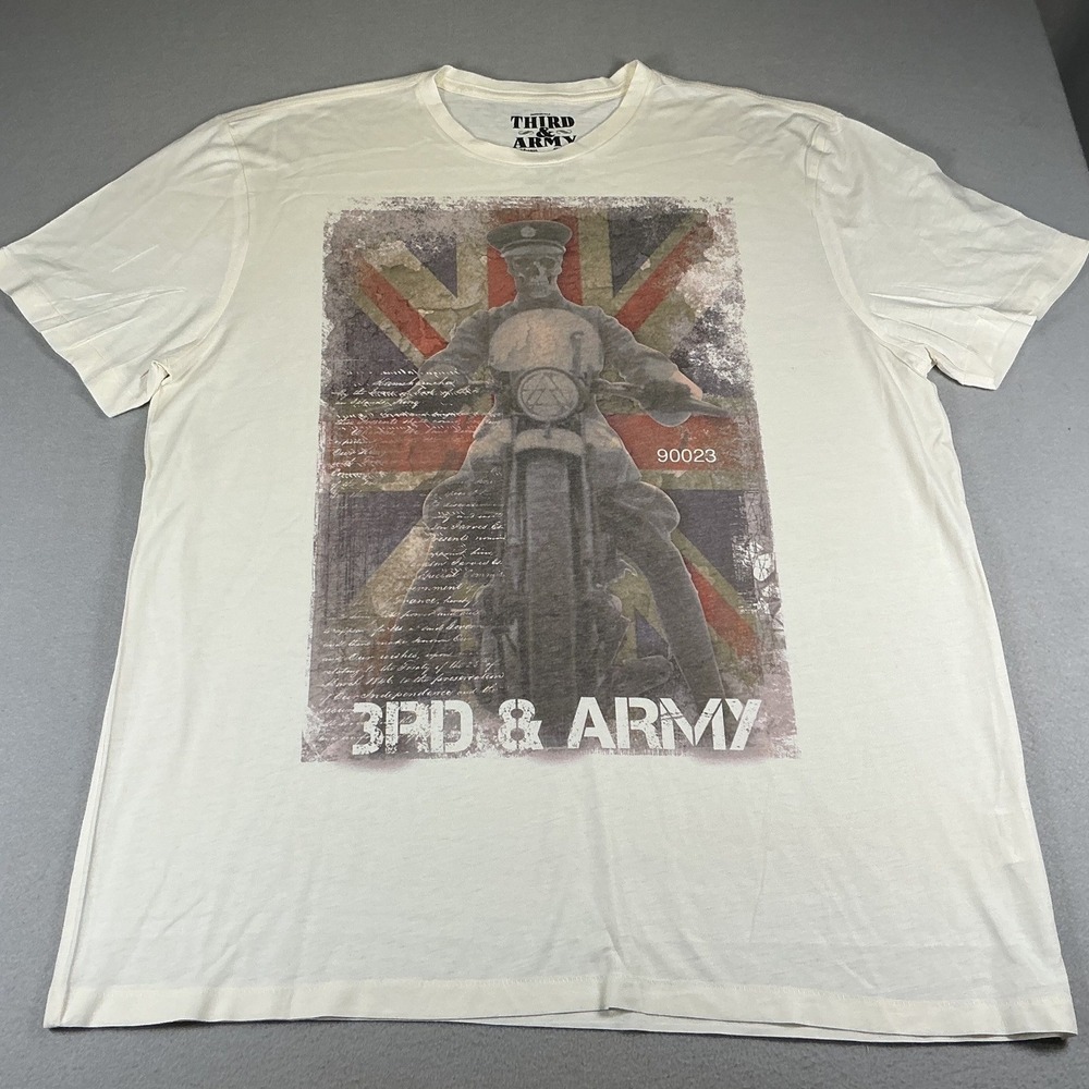 Third & Army Mens XXL Off White Skeleton Motorcycle Union Jack Graphic‎ T-Shirt